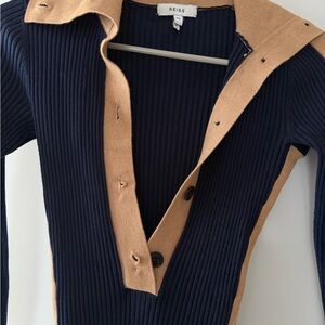 Reiss Navy and Camel Ribbed Button-Front Top